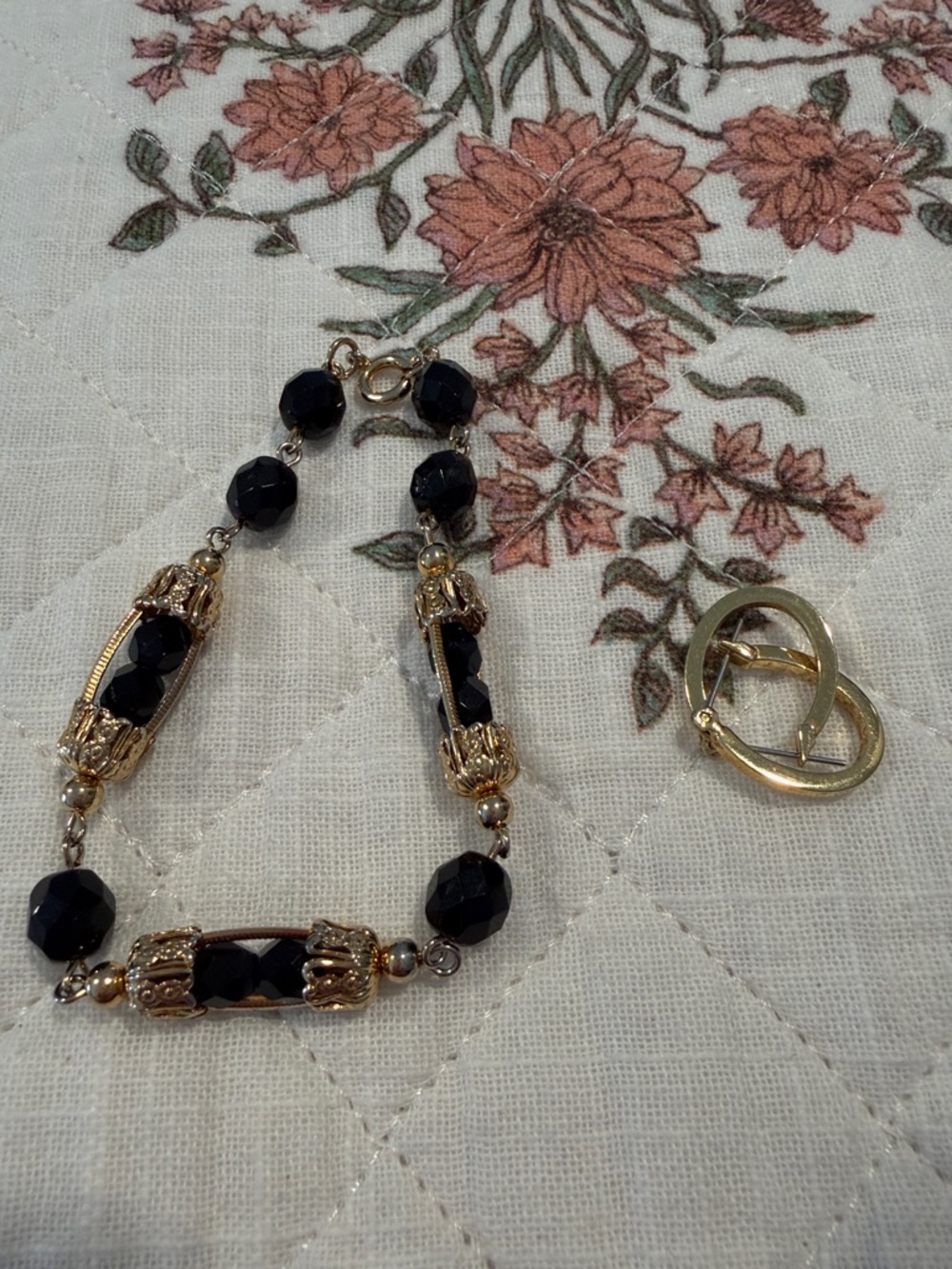 Gold-Tone Bracelet with Black Faceted Beads with  gold hoops